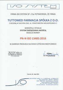 Certyfikat jakości ISO 13485 dla producenta suchego czyściwa Tuttomed Farmacji